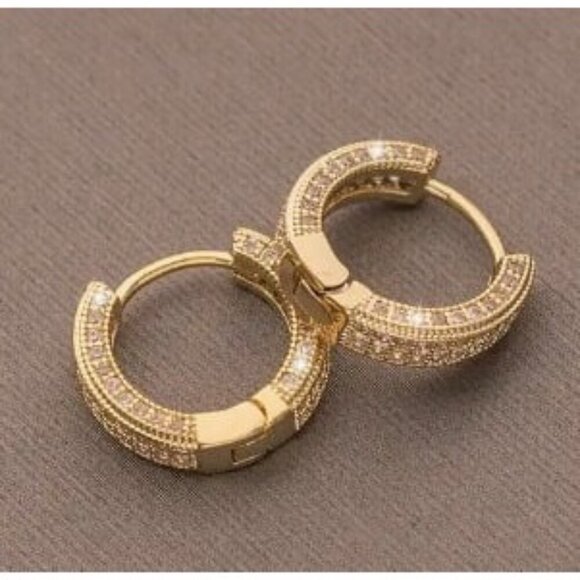 14k Gold Plated Simulated Diamond Huggie Earrings - Picture 9 of 10
